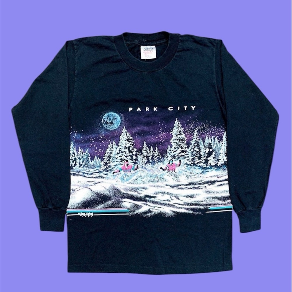 Vtg 90s Park City Ski Wrap AOP Long Sleeve Shirt Oneita San Segal M Fits Smaller